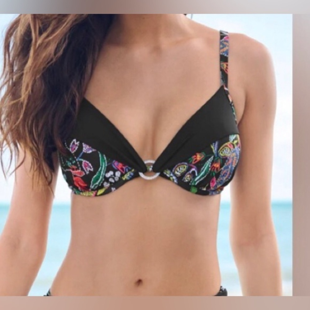 VENUS Black Bikini Top with tropical bright floral design size D
